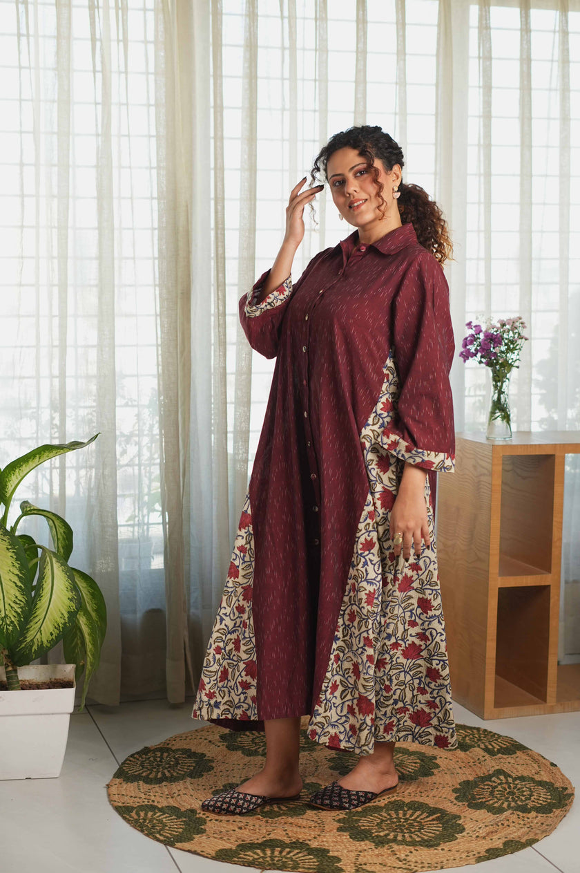Bagru Ikat Flow Dress - Wine