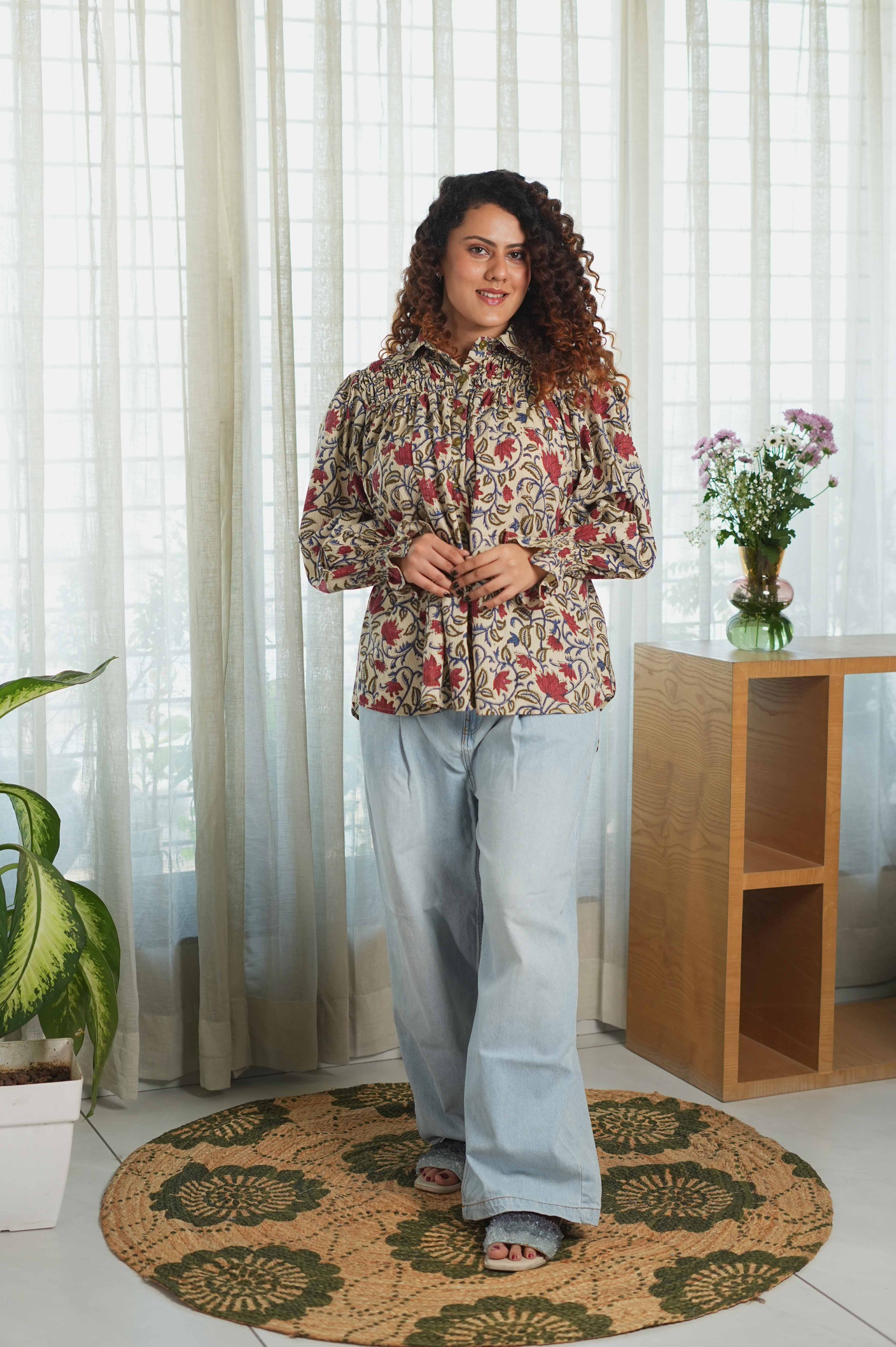 Red lotus smocked shirt