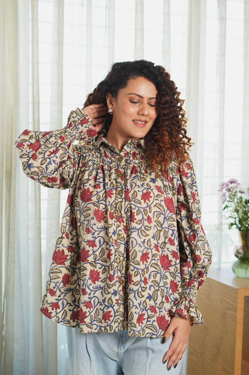 Red lotus smocked shirt